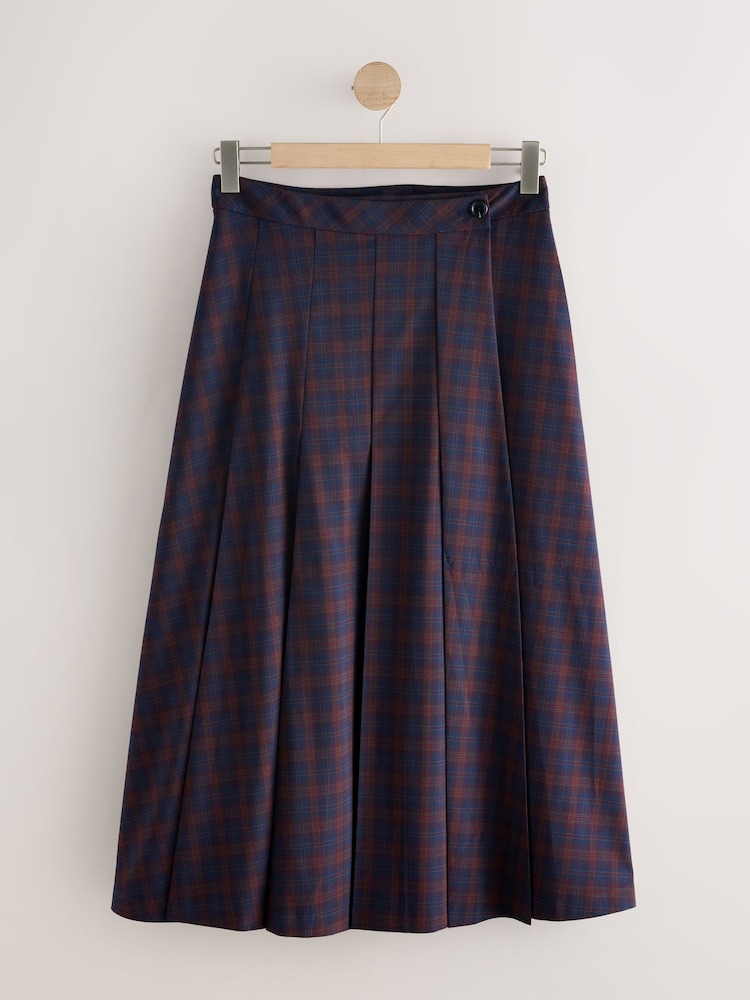 Burgundy/Blue Check Pleated Midi Kilt Skirt - Image 1 of 3 Burgundy/Blue Check Pleated Midi Kilt Skirt - Image 1 of 3