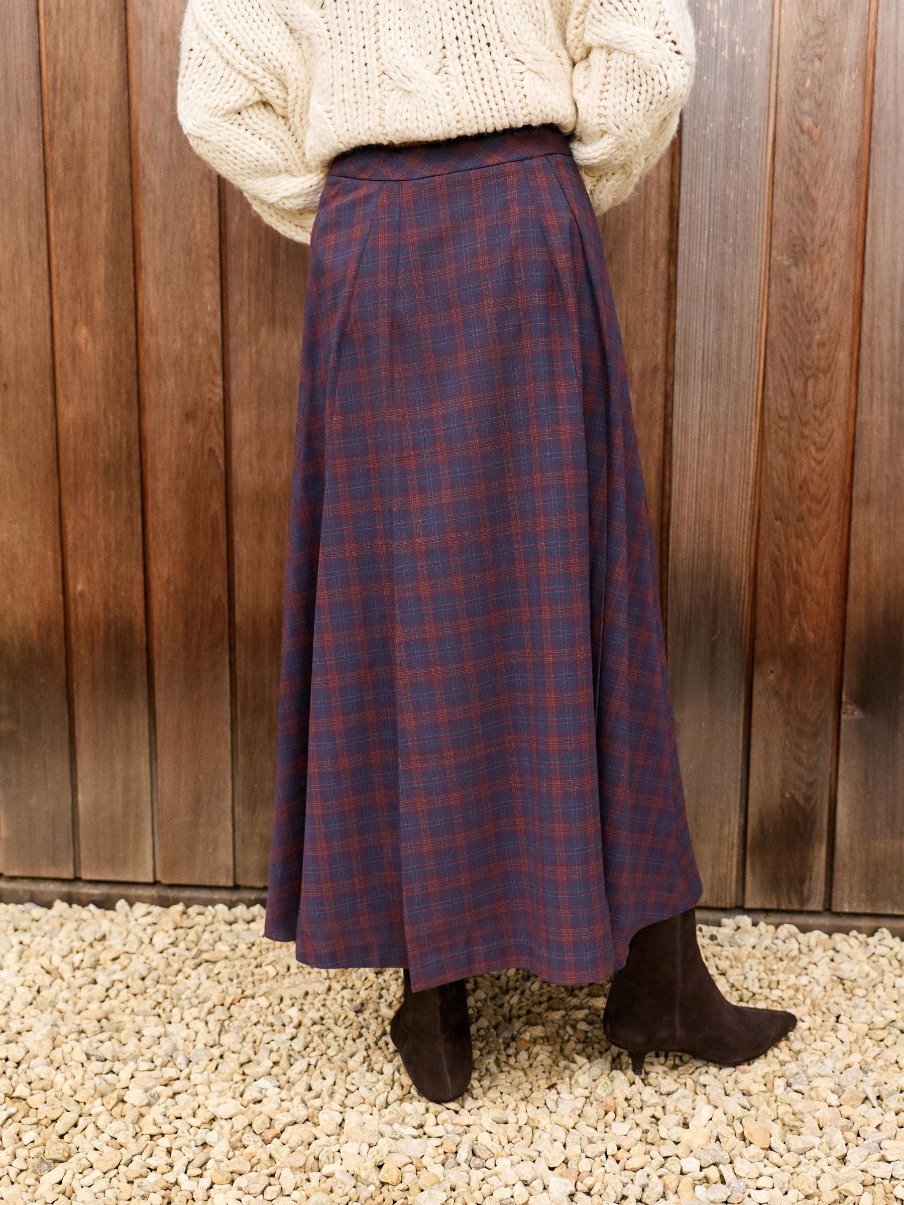 Buy Burgundy Red/Navy Blue Check Check Pleated Midi Kilt Skirt