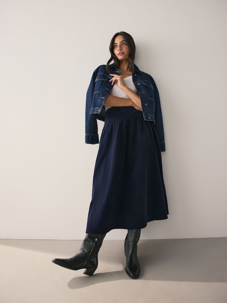 Navy Dropped Waist Corduroy Midi Skirt - Image 1 of 8