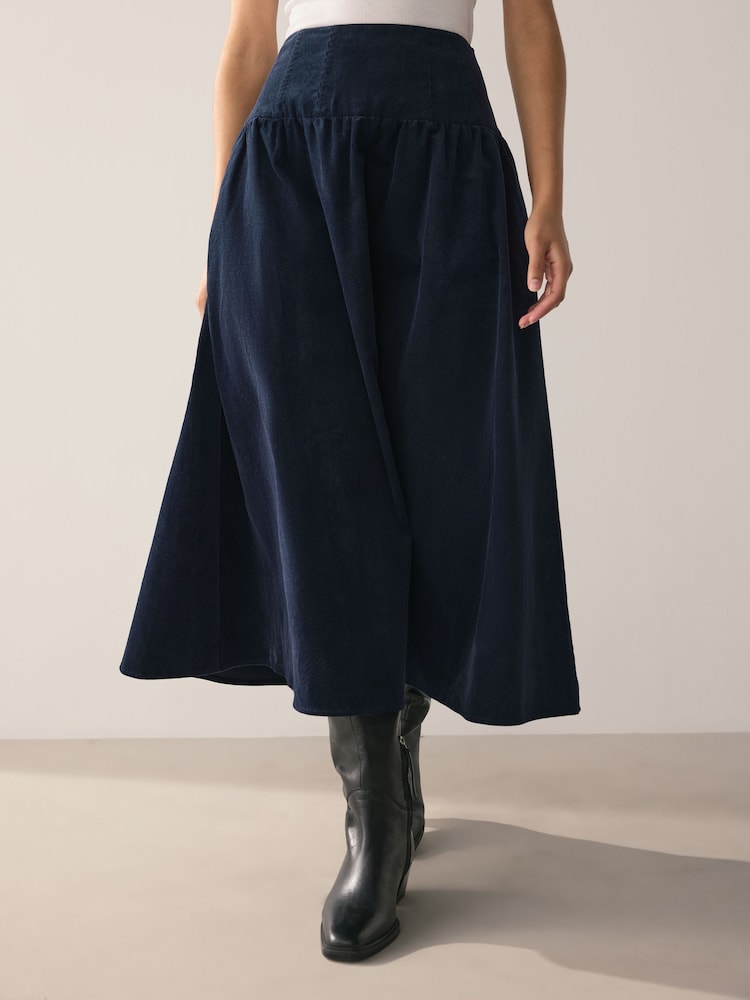 Navy Dropped Waist Corduroy Midi Skirt - Image 2 of 8