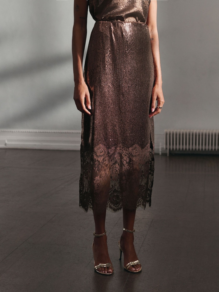 Chocolate Brown Sequin Midi Skirt With Lace Trim - Image 2 of 8 Chocolate Brown Sequin Midi Skirt With Lace Trim - Image 2 of 8