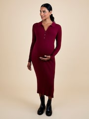 JoJo Maman Bébé Wine Knitted Rib Collared Maternity Midi Dress - Image 1 of 5