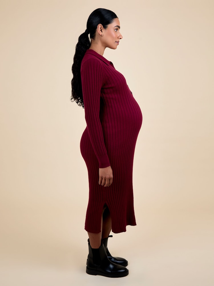 JoJo Maman Bébé Wine Knitted Rib Collared Maternity Midi Dress - Image 2 of 5