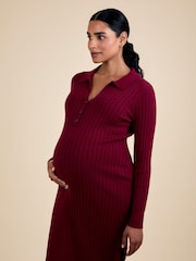 JoJo Maman Bébé Wine Knitted Rib Collared Maternity Midi Dress - Image 4 of 5