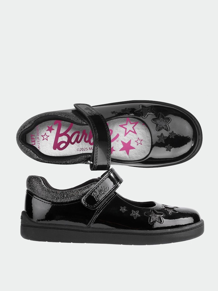 ToeZone Girls Barbie Patent Rip Tape School Black Shoes - Image 10 of 10