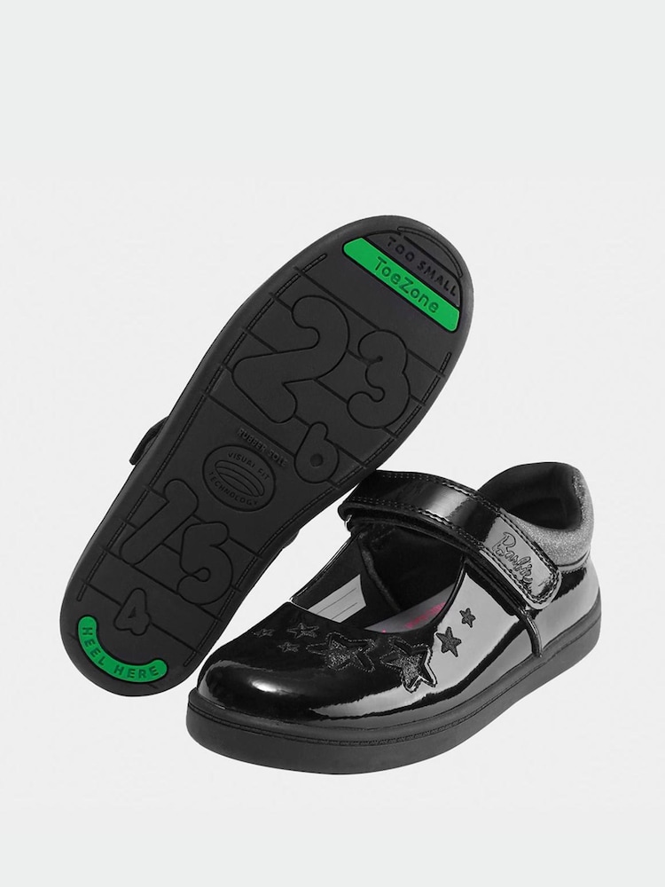 ToeZone Girls Barbie Patent Rip Tape School Black Shoes - Image 2 of 10