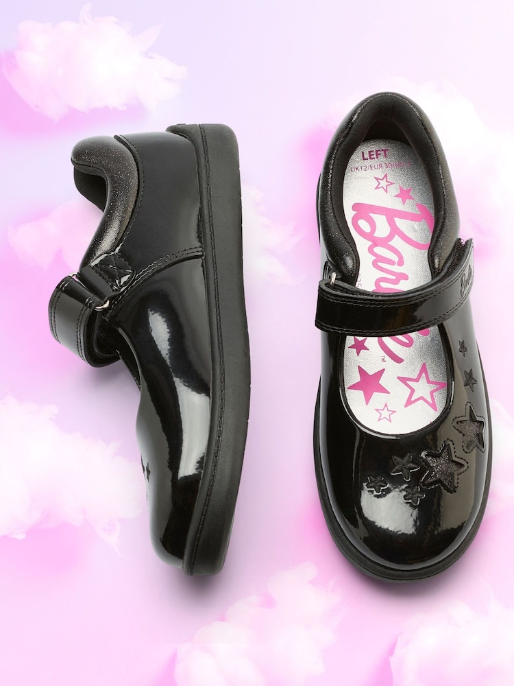ToeZone Girls Barbie Patent Rip Tape School Black Shoes - Image 5 of 10