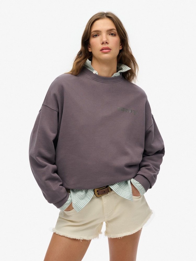 Superdry Grey Oversized Old School Tattoo Crew 100% Cotton Sweatshirt - Image 1 of 6