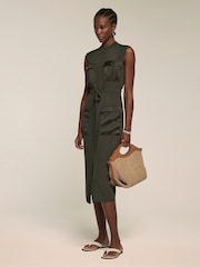 Mint Velvet Green Khaki Satin Mix Utility Shirt Dress - Image 1 of 7
