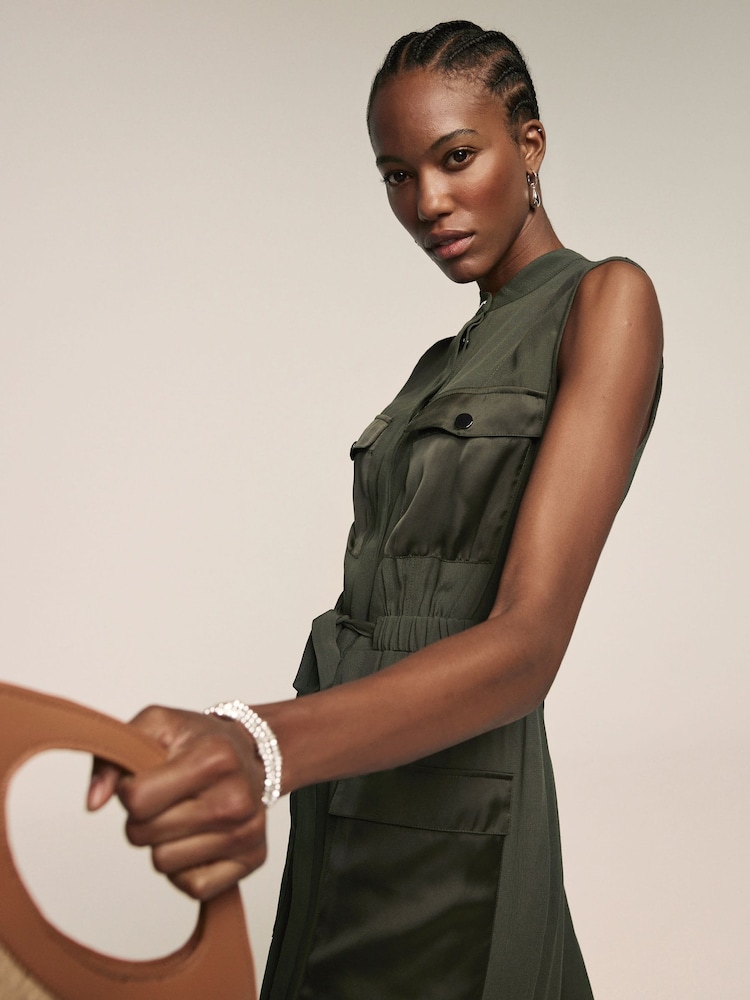 Mint Velvet Green Khaki Satin Mix Utility Shirt Dress - Image 2 of 7