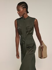 Mint Velvet Green Khaki Satin Mix Utility Shirt Dress - Image 3 of 7