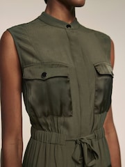 Mint Velvet Green Khaki Satin Mix Utility Shirt Dress - Image 4 of 7