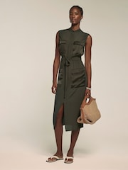 Mint Velvet Green Khaki Satin Mix Utility Shirt Dress - Image 5 of 7