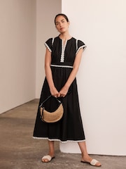 Mint Velvet Black Cotton Scallop Trim 100% Cotton Midi Dress - Image 1 of 8