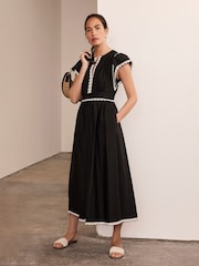 Mint Velvet Black Cotton Scallop Trim 100% Cotton Midi Dress - Image 2 of 8