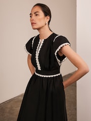 Mint Velvet Black Cotton Scallop Trim 100% Cotton Midi Dress - Image 3 of 8