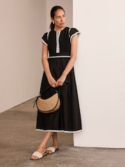 Mint Velvet Black Cotton Scallop Trim 100% Cotton Midi Dress - Image 5 of 8