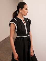 Mint Velvet Black Cotton Scallop Trim 100% Cotton Midi Dress - Image 6 of 8