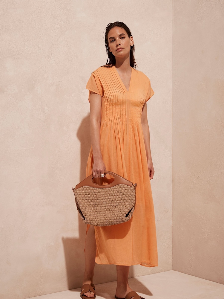 Mint Velvet Orange Pleated 100% Cotton Maxi Dress - Image 4 of 7