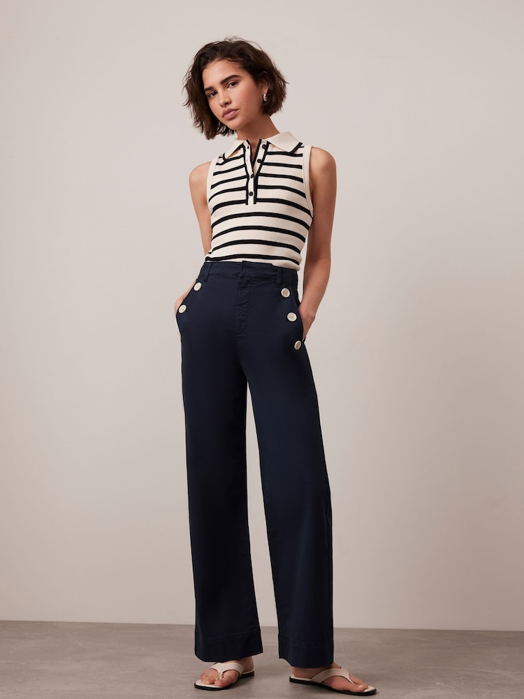 Mint Velvet Blue Button Detail Cropped Wide Trousers - Image 1 of 7 Mint Velvet Blue Button Detail Cropped Wide Trousers - Image 1 of 7