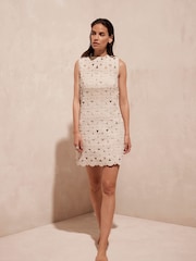 Mint Velvet Cream Crochet Sleeveless 100% Cotton Mini Dress - Image 2 of 8