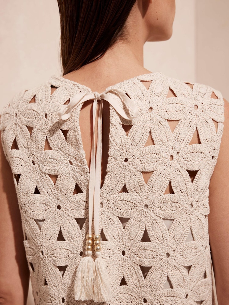 mint velvet crochet dress Mint Velvet White Crochet Trim Tiered Midi Dress | Size L | White | Sleeveless