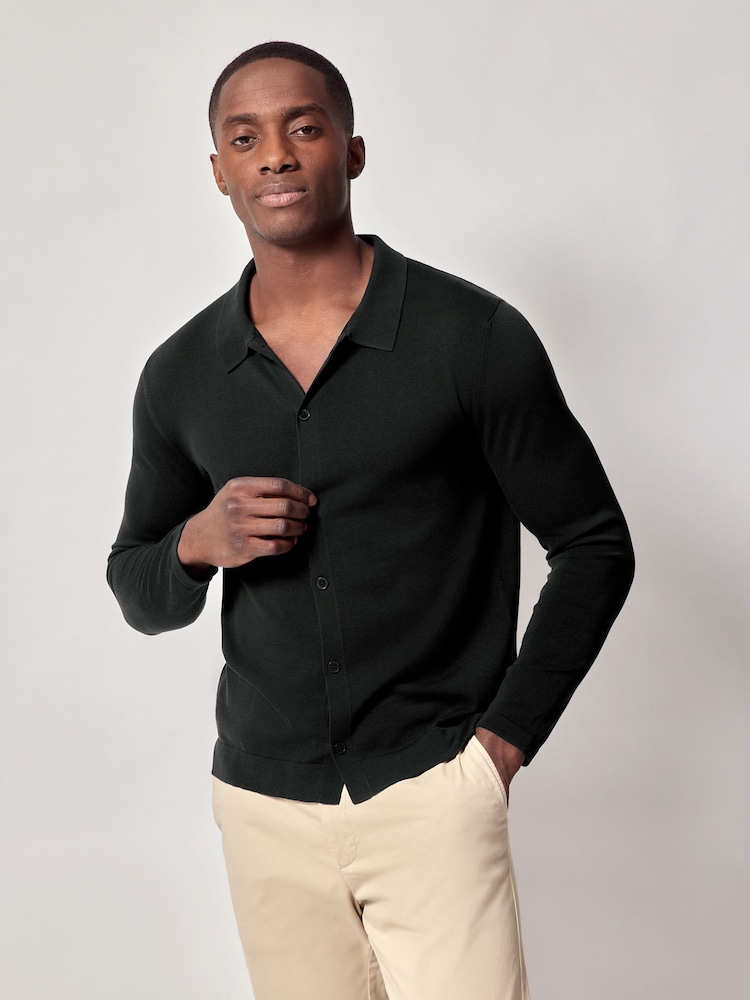 Hawes & Curtis Long Sleeve Button Down 100% Cotton Black Polo Shirt - Bild 1 von 4