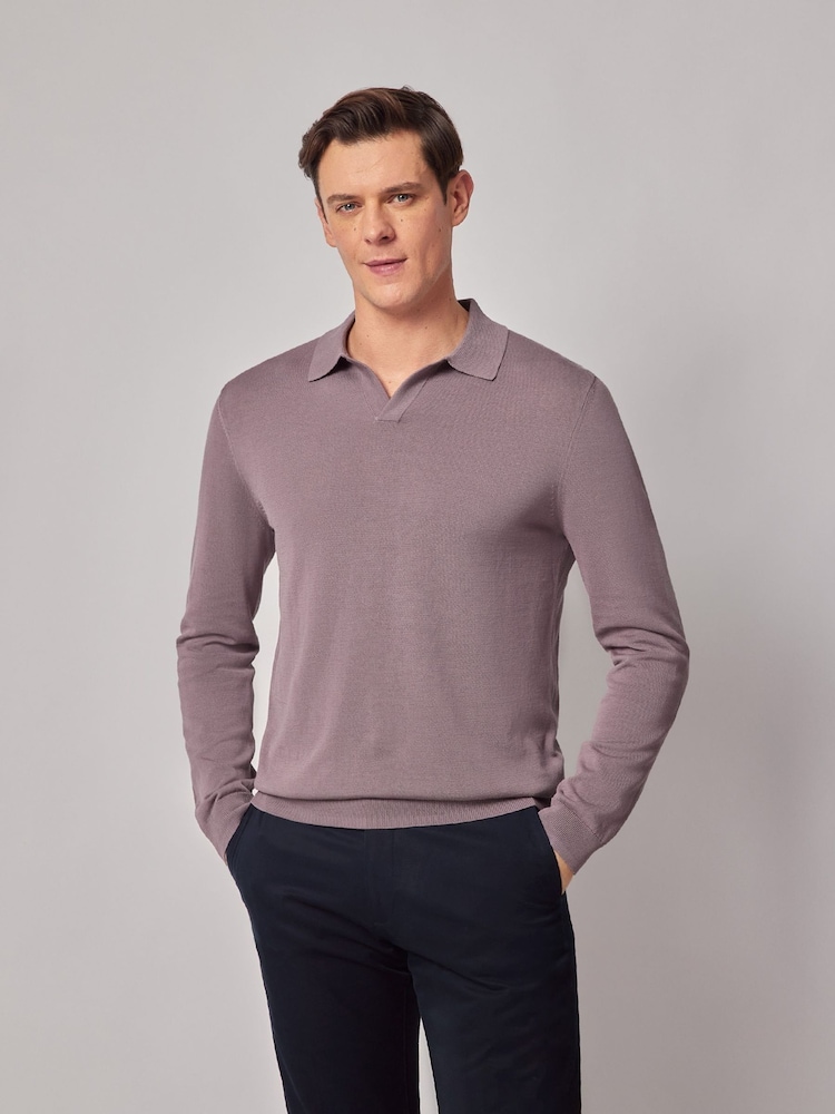 Hawes & Curtis Long Sleeve Open Neck Knitted 100% Cotton Polo Shirt - Bild 1 von 4