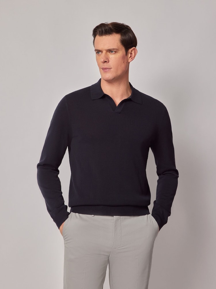 Hawes & Curtis Blue Long Sleeve Open Neck Knitted 100% Cotton Polo Shirt - Image 1 of 4