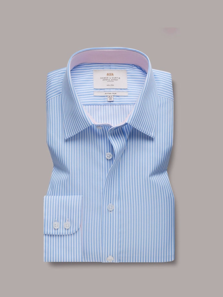 Hawes & Curtis Blue 100% Cotton Bengal Stripe Fitted Slim Shirt - Bild 2 von 2