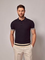 Hawes & Curtis Blue Textured Rib Knitted 100% Cotton Polo Shirt - Image 1 of 4