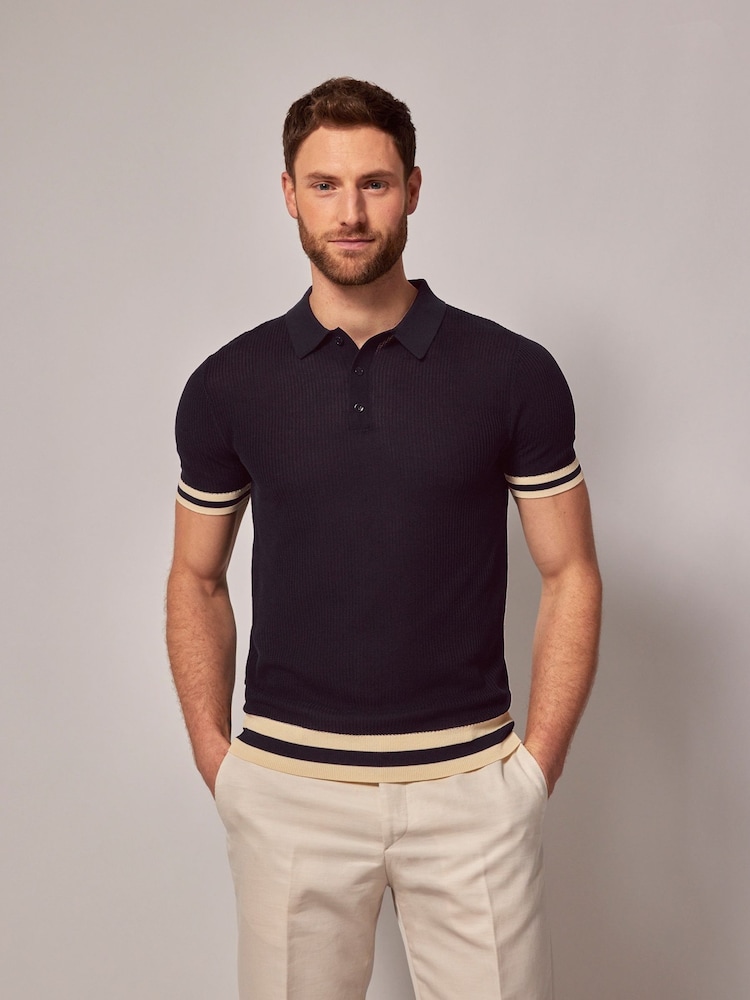 Hawes & Curtis Blue Textured Rib Knitted 100% Cotton Polo Shirt - Image 1 of 4