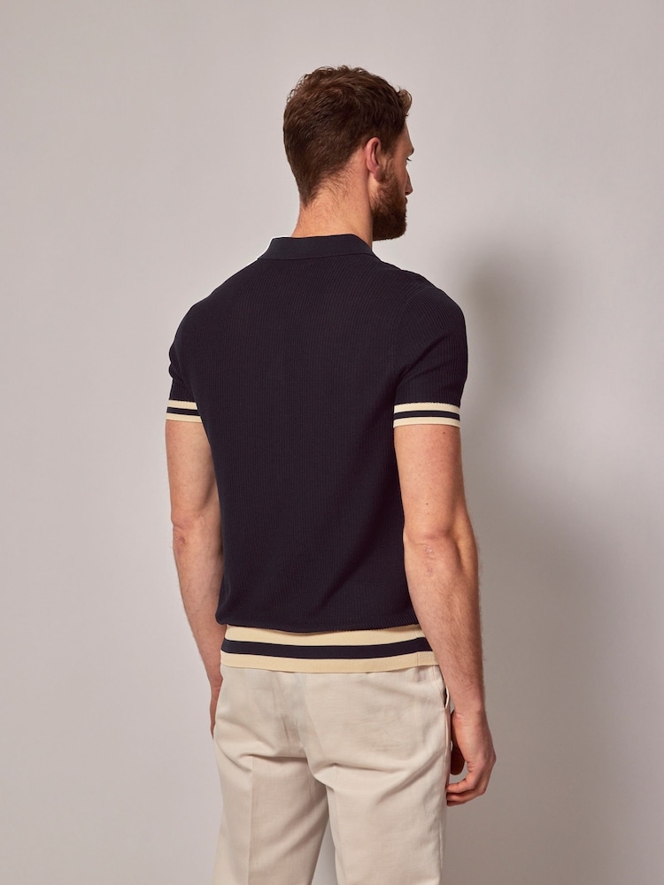 Hawes & Curtis Blue Textured Rib Knitted 100% Cotton Polo Shirt - Image 2 of 4