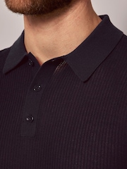 Hawes & Curtis Blue Textured Rib Knitted 100% Cotton Polo Shirt - Image 3 of 4
