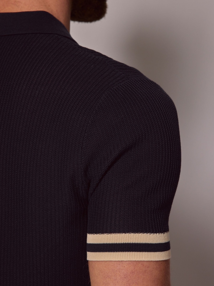 Hawes & Curtis Blue Textured Rib Knitted 100% Cotton Polo Shirt - Image 4 of 4