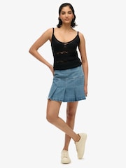 Superdry Blue Pleated Patched 100% Cotton Mini Skirt - Image 1 of 7