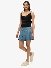 Superdry Blue Pleated Patched 100% Cotton Mini Skirt - Image 2 of 7