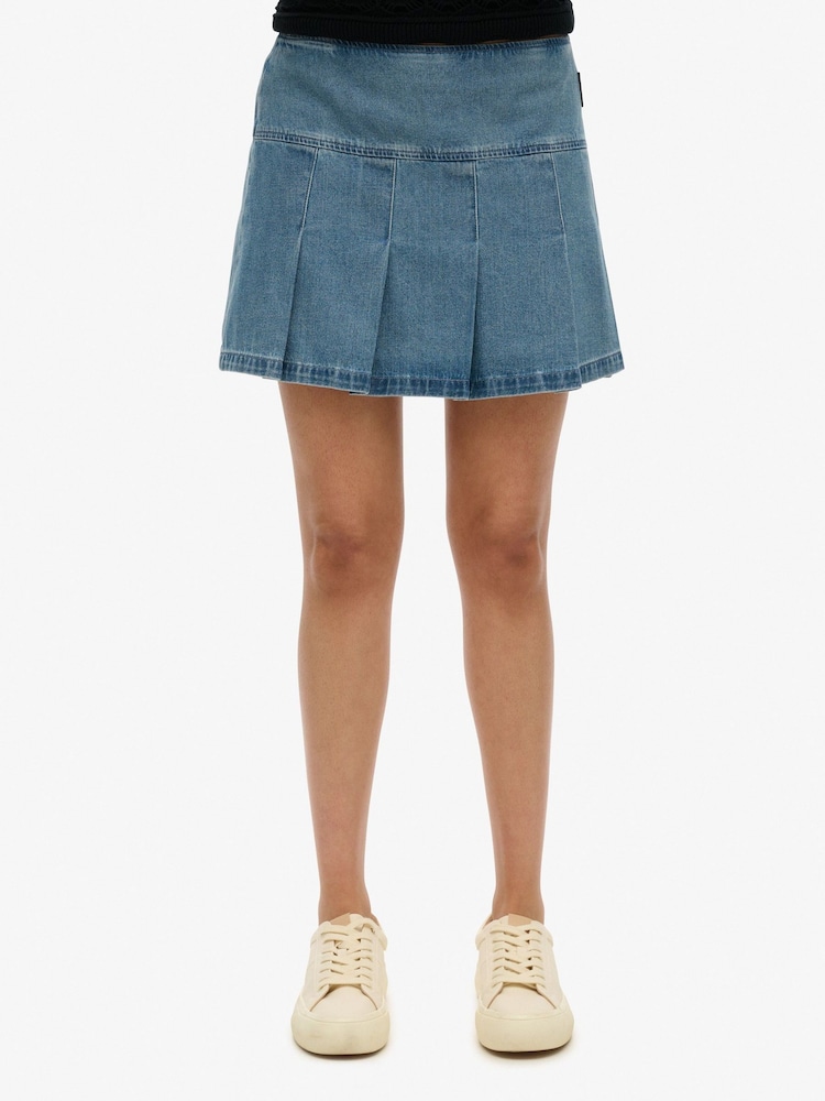 Superdry Blue Pleated Patched 100% Cotton Mini Skirt - Image 4 of 7