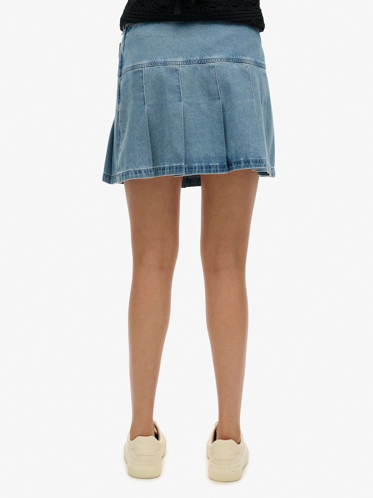 Superdry Blue Pleated Patched 100% Cotton Mini Skirt - Image 5 of 7