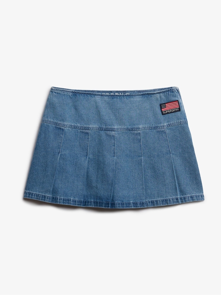 Superdry Blue Pleated Patched 100% Cotton Mini Skirt - Image 6 of 7