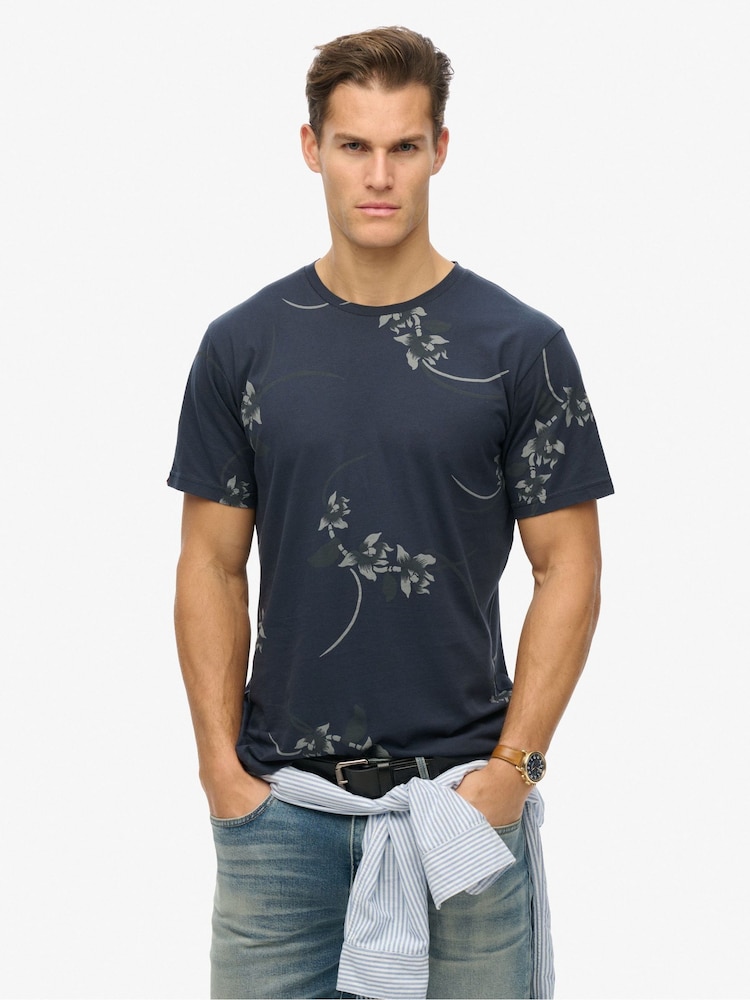 Superdry Blue Classic Essential Printed 100% Cotton T-Shirt - Image 1 of 6