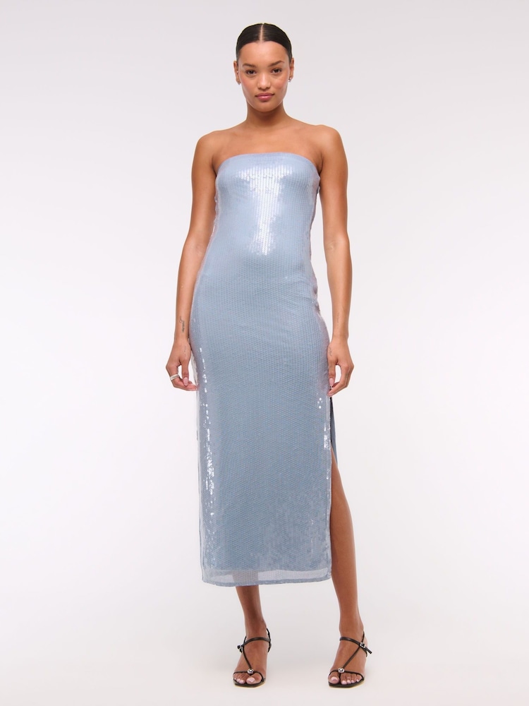 Abercrombie & Fitch Blue Strapless Sequin Occasion Midi Dress - Image 1 of 6