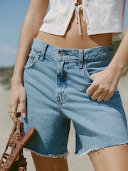 Abercrombie & Fitch Blue High Rise Loose Denim Shorts With Fray Hem - Bild 7 von 8