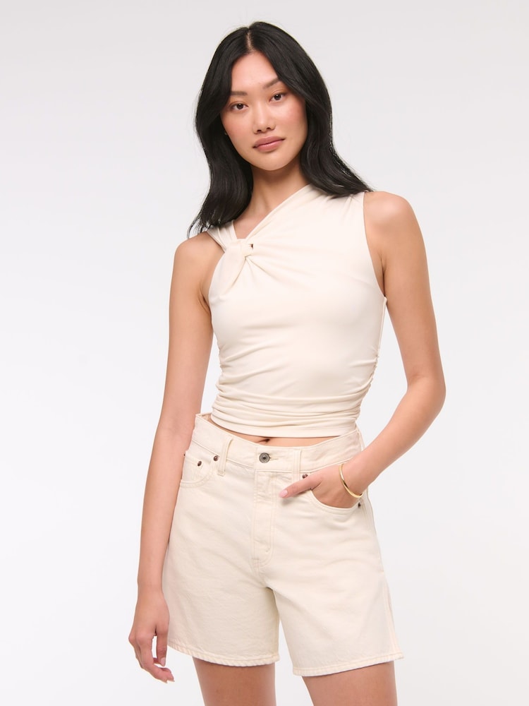 Abercrombie & Fitch Cream High Rise Loose Denim Shorts With Vent Hem - Image 1 of 7