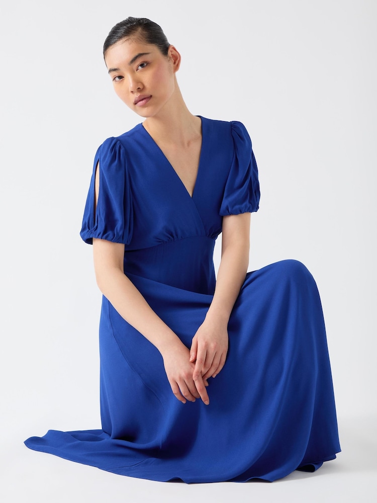 LK Bennett Blue Hermia Mazarine Viscose Petal Sleeve V-Neck Flared Dress - Image 1 of 4