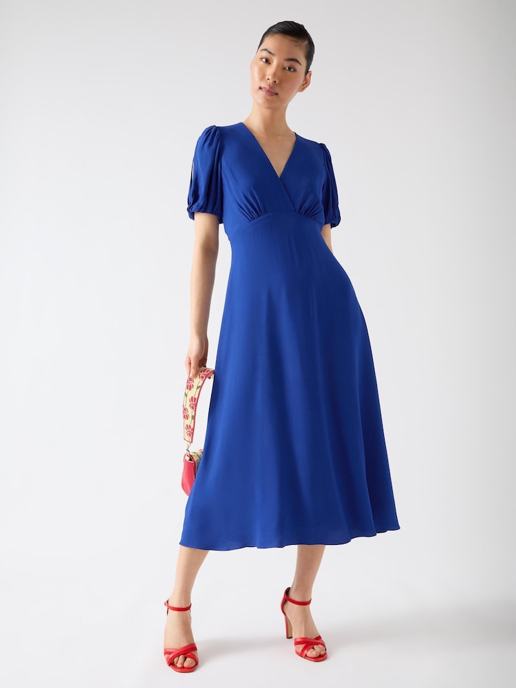 LK Bennett Blue Hermia Mazarine Viscose Petal Sleeve V-Neck Flared Dress - Image 2 of 4