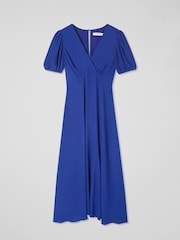 LK Bennett Blue Hermia Mazarine Viscose Petal Sleeve V-Neck Flared Dress - Image 4 of 4