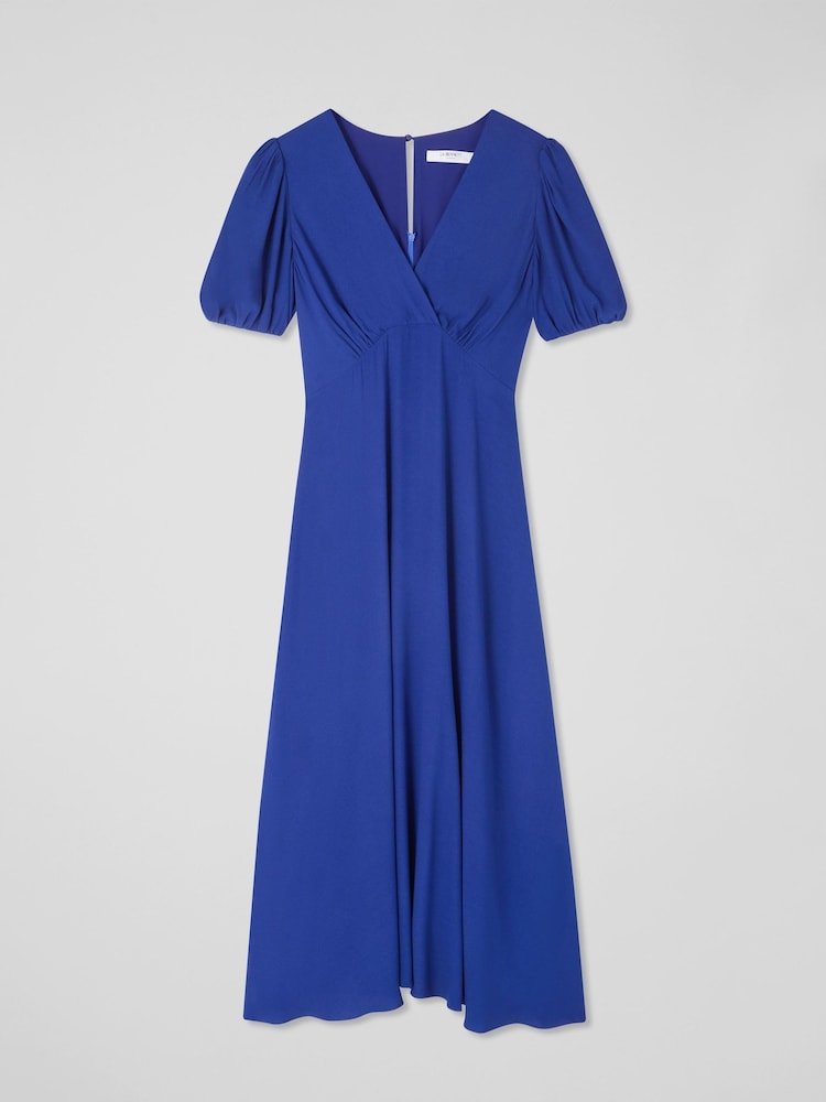 LK Bennett Blue Hermia Mazarine Viscose Petal Sleeve V-Neck Flared Dress - Image 4 of 4