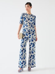 LK Bennett Cream Brielle Birch and Blue Silk China Silk Floral Print Frill Top - Image 1 of 4