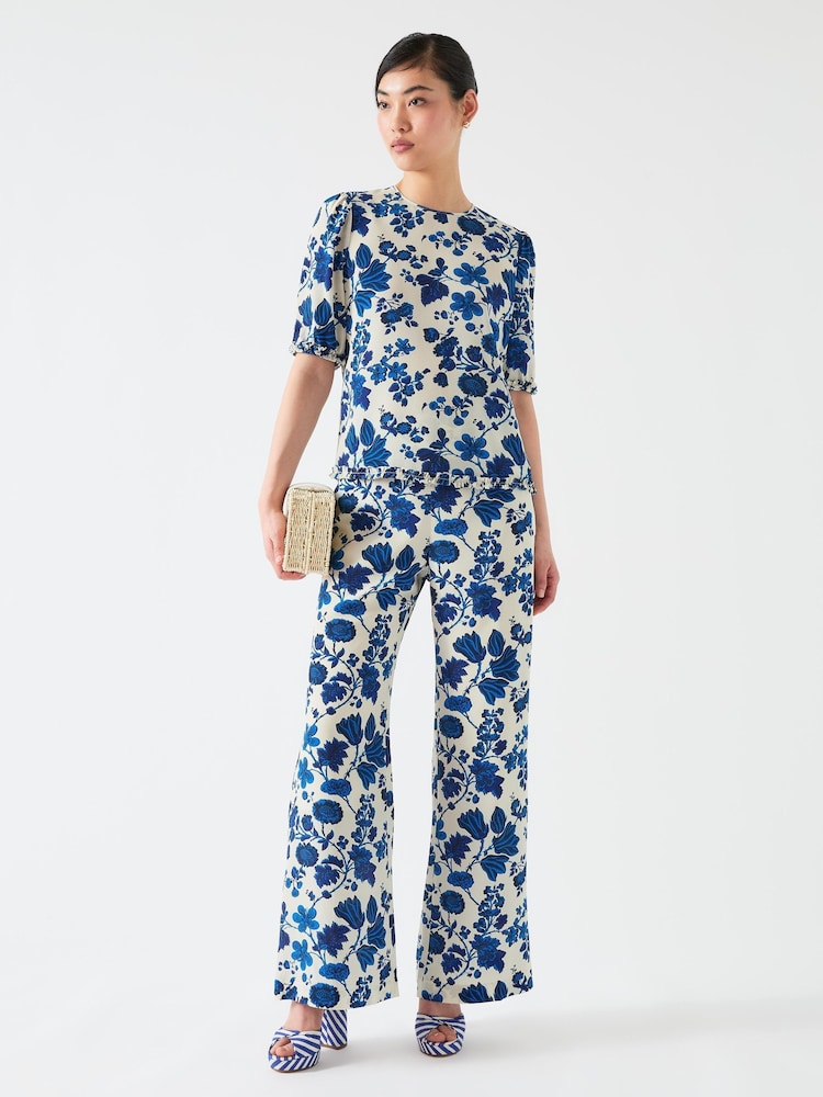LK Bennett Cream Brielle Birch and Blue Silk China Silk Floral Print Frill Top - Image 1 of 4